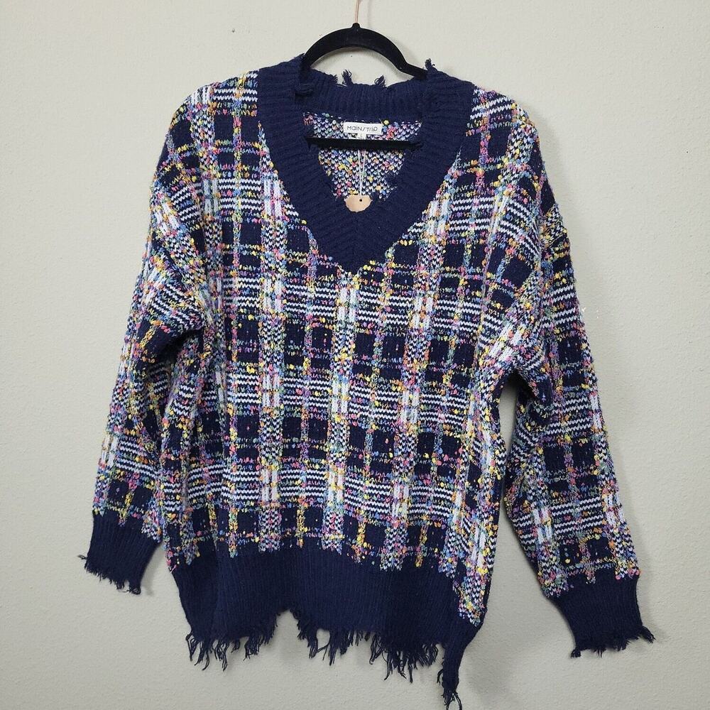 Main Strip Womens Multicolor V Neck Long Sleeve Raw Hem Pullover Sweater Size L